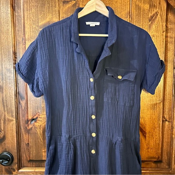 ✨Beach Lunch Lounge Women's Cuff Sleeve Romper in Blue Gauze 100% Cotton Size L - Picture 2 of 5